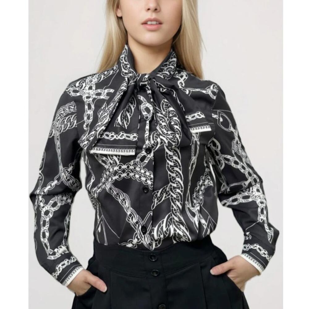 N by Nancy Chain Print Tie Neck Blouse Black White Size XXL NWT